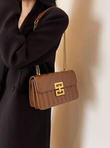 1pc Ladies' Embroidery & Striped Fashionable Lock Closure Square Bag Purse With Colorful Chain, Suitable For Dating And Gift