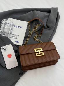 1pc Ladies' Embroidery & Striped Fashionable Lock Closure Square Bag Purse With Colorful Chain, Suitable For Dating And Gift