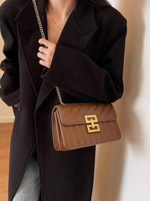 1pc Ladies' Embroidery & Striped Fashionable Lock Closure Square Bag Purse With Colorful Chain, Suitable For Dating And Gift