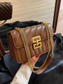 1pc Ladies' Embroidery & Striped Fashionable Lock Closure Square Bag Purse With Colorful Chain, Suitable For Dating And Gift