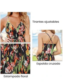 Vestidos largos de mujer elegantes de playa, con Tirantes ajustables y estampado floral y plantas tropical,vestidos frescos casuales Sexy  para dama fiesta, Faldas Mujer Largas Elegantes, vestidos de novia primavera y Verano - Negro - Ver 5