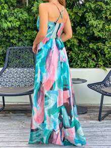 Vestidos largos de mujer elegantes de playa, con Tirantes ajustables y estampado floral y plantas tropical,vestidos frescos casuales Sexy  para dama fiesta, Faldas Mujer Largas Elegantes, vestidos de novia primavera y Verano - Celeste - Ver 2