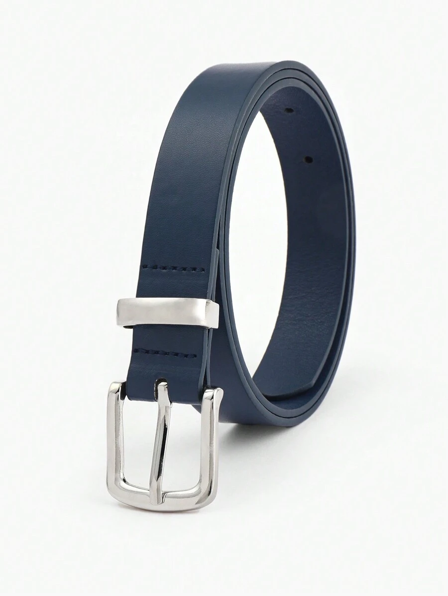 1pc Simple Blue Strap Waist Belt With Silver Buckle And Ring, Silver Alloy Summer, School Fall, Autumn, Halloween - Navy Blue - View 1