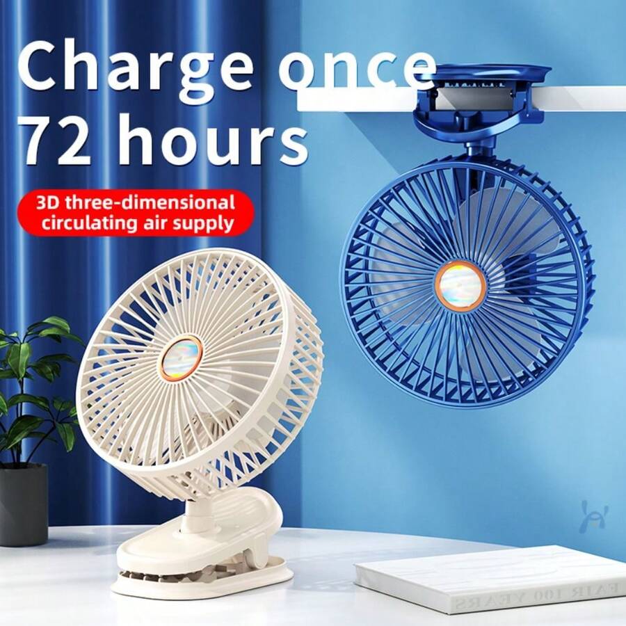 1pc USB Rechargeable Clip Small Table Fan Portable Student Dormitory Rotatio Adjustable Student Office Fan For Bedroom,White,Blue - Blue Rechargeable Style-8000 Air Volume - View 1