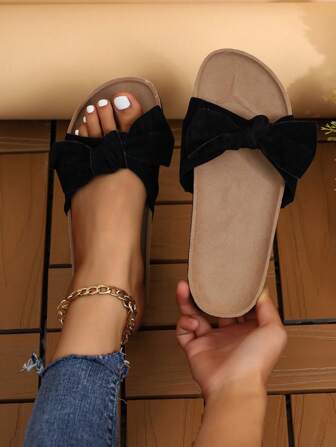 Women's Round Toe Cork Bottom Open Toe Slippers, Cross-Border Summer Fashion Comfortable Thick Bottom Bow Tie Slides, Versatile Casual Breathable Beach Sandals For Women