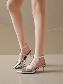 2024 Spring/Summer New Arrival High Heel Sandals With Thin Heels, Silver Fairy Style T-Strap Pointed French Versatile Fashion High Heel Pumps - Silver - View 4