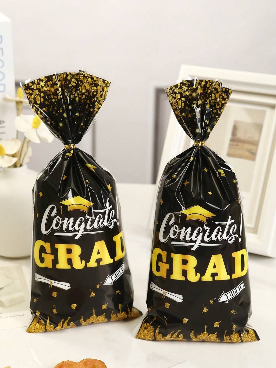 25pcs Black Gold Graduation Party Gift Bags,Graduation Theme Candy Bags