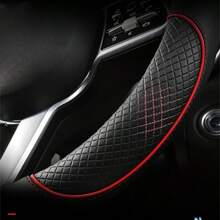 1pc Universal 38cm Round Car Steering Wheel Cover Made Of Leather With Flower Embossed Patchwork Design - Red - View 6