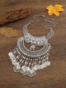 Vintage Coin Multi-Layer Tassel Necklace For Women Casual Party Dance Accessories Collarbone Chain Sweater Chain - Silver - View 1