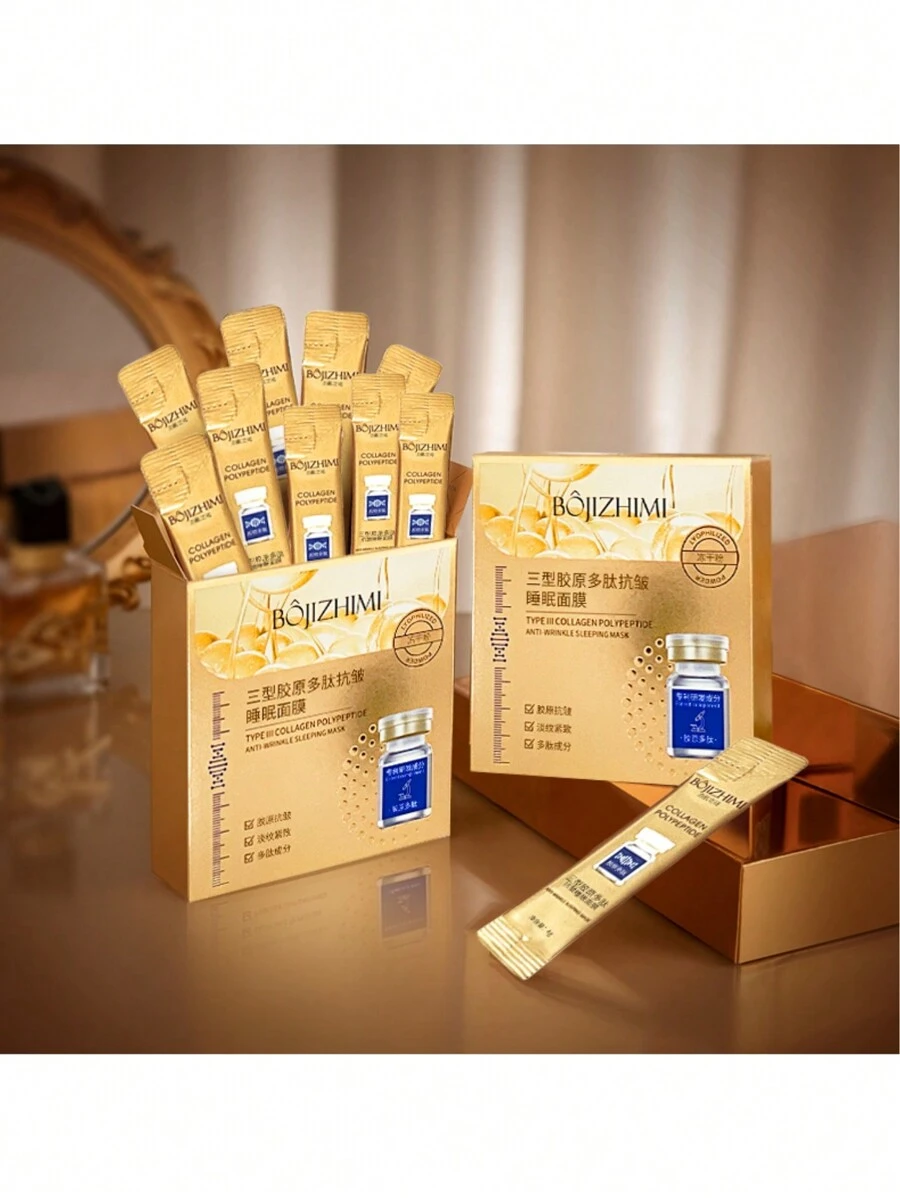 1盒/20入，每包4g，Poyjomi 秘密膠原蛋白抗皺睡眠面膜，緊膚、提拉、平滑 - 金色 - 查看 1