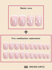 24pcs/Set False Nails White French Manicure With Silver Glitter & Pearl Powder, Including Nail File And Jelly Glue - White - View 3