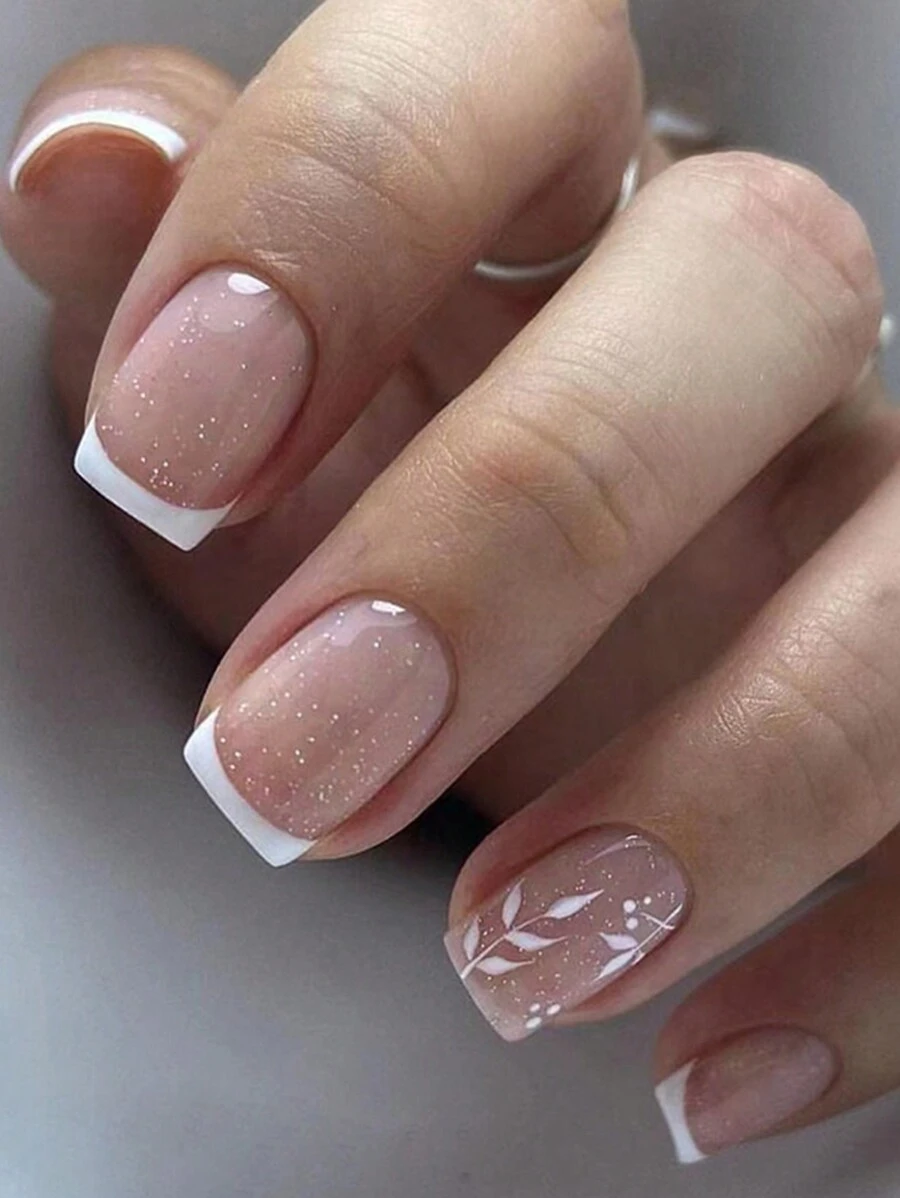 24pcs/Set False Nails White French Manicure With Silver Glitter & Pearl Powder, Including Nail File And Jelly Glue - White - View 1