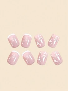 24pcs/Set False Nails White French Manicure With Silver Glitter & Pearl Powder, Including Nail File And Jelly Glue - White - View 4