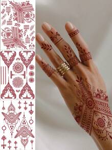 3pcs Flower Nail & Body Water-Resistant Art Sticker Tattoo For Women, Including Brown & Red Tattoo Designs, Suitable For Wedding And Party - Red - View 2