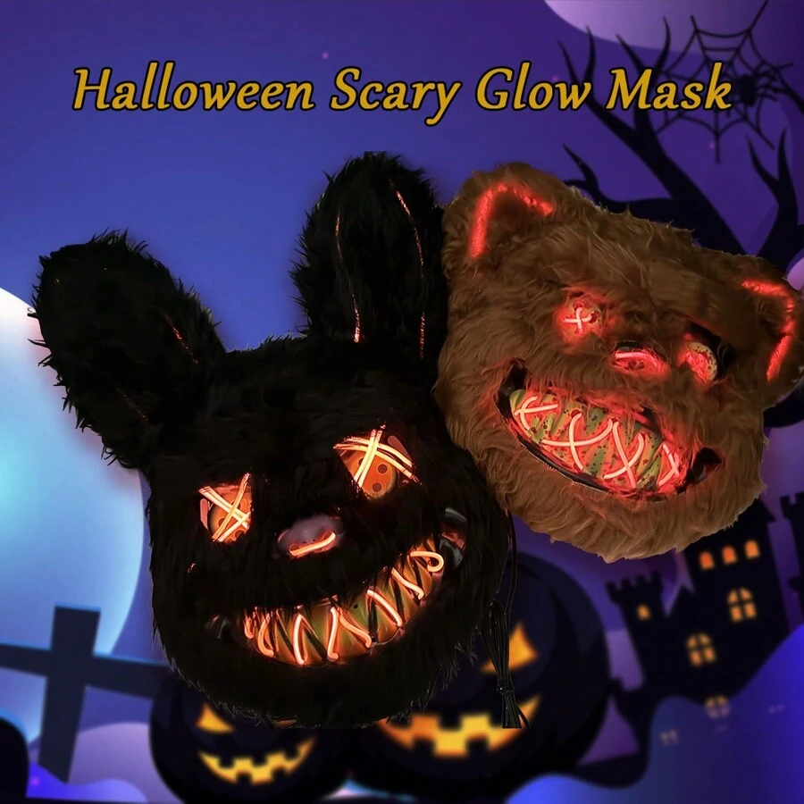 1PC Horror Mask, Hand Made Role-Playing With Bloody Rabbit Mask, Furry Ear Mask, Evil Rabbit Bear Party Decoration, Creepy Mask, Glowing Rabbit Horror Costume Props, Glowing Mask, Plastic Easter Gift, Halloween Party Mask, Dance Props (Color May Have Slight Color Difference/Glowing Line May Deviate, Not Recommended) - 1PC White Rabbit Fluorescent Green - View 1