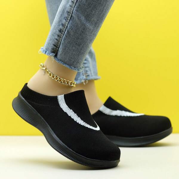 Women Half Dragging Color-Blocked Slouchy Shoes, Slip-On Knitted Sporty Casual Sock Shoes, Lightweight, Breathable, And Danceable