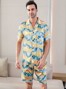 3 Pcs Men's Satin Cloud Rabbit Print Lapel Short Sleeved Top And Shorts Long Pants Silk Sleepwear Set Suitable For All Seasons