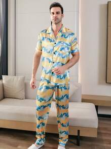 3 Pcs Men's Satin Cloud Rabbit Print Lapel Short Sleeved Top And Shorts Long Pants Silk Sleepwear Set Suitable For All Seasons