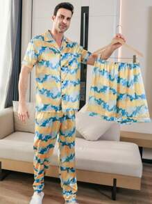 3 Pcs Men's Satin Cloud Rabbit Print Lapel Short Sleeved Top And Shorts Long Pants Silk Sleepwear Set Suitable For All Seasons