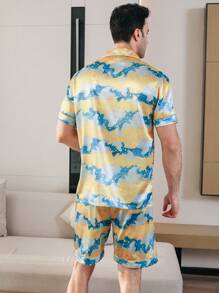 3 Pcs Men's Satin Cloud Rabbit Print Lapel Short Sleeved Top And Shorts Long Pants Silk Sleepwear Set Suitable For All Seasons