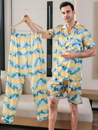 3 件男士缎面云兔印花翻领短袖上衣和短裤长裤丝绸睡衣套装适合所有季节