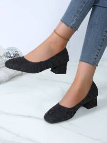 Women's Plus Size High Heels, Spring 2024 Collection, Chunky Heel Square Toe Pumps, Wide Feet Shoes For Fat Feet (Extra Wide And Large Sizes Available) - Black - View 1