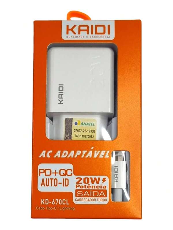 Carregador Qc 3.0 Pd 20w Kaidi P/ iPhone 11 12 13 14 Pro Max