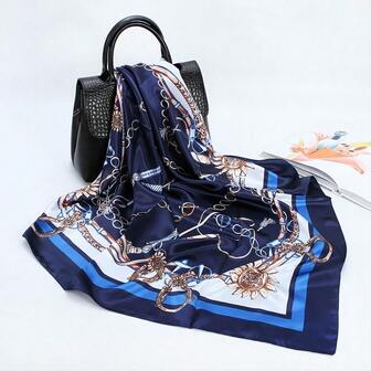 1件装S90CM方巾春夏新款亮色印花女士真丝围巾缎面丝绸光滑防晒披肩围巾