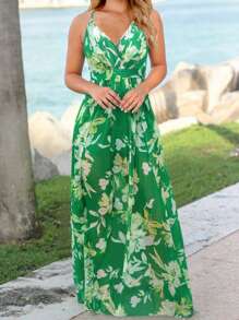 Vestidos largos de mujer elegantes de playa, con Tirantes ajustables y estampado floral y plantas tropical,vestidos frescos casuales Sexy  para dama fiesta, Faldas Mujer Largas Elegantes, vestidos de novia primavera y Verano - Verde - Ver 1