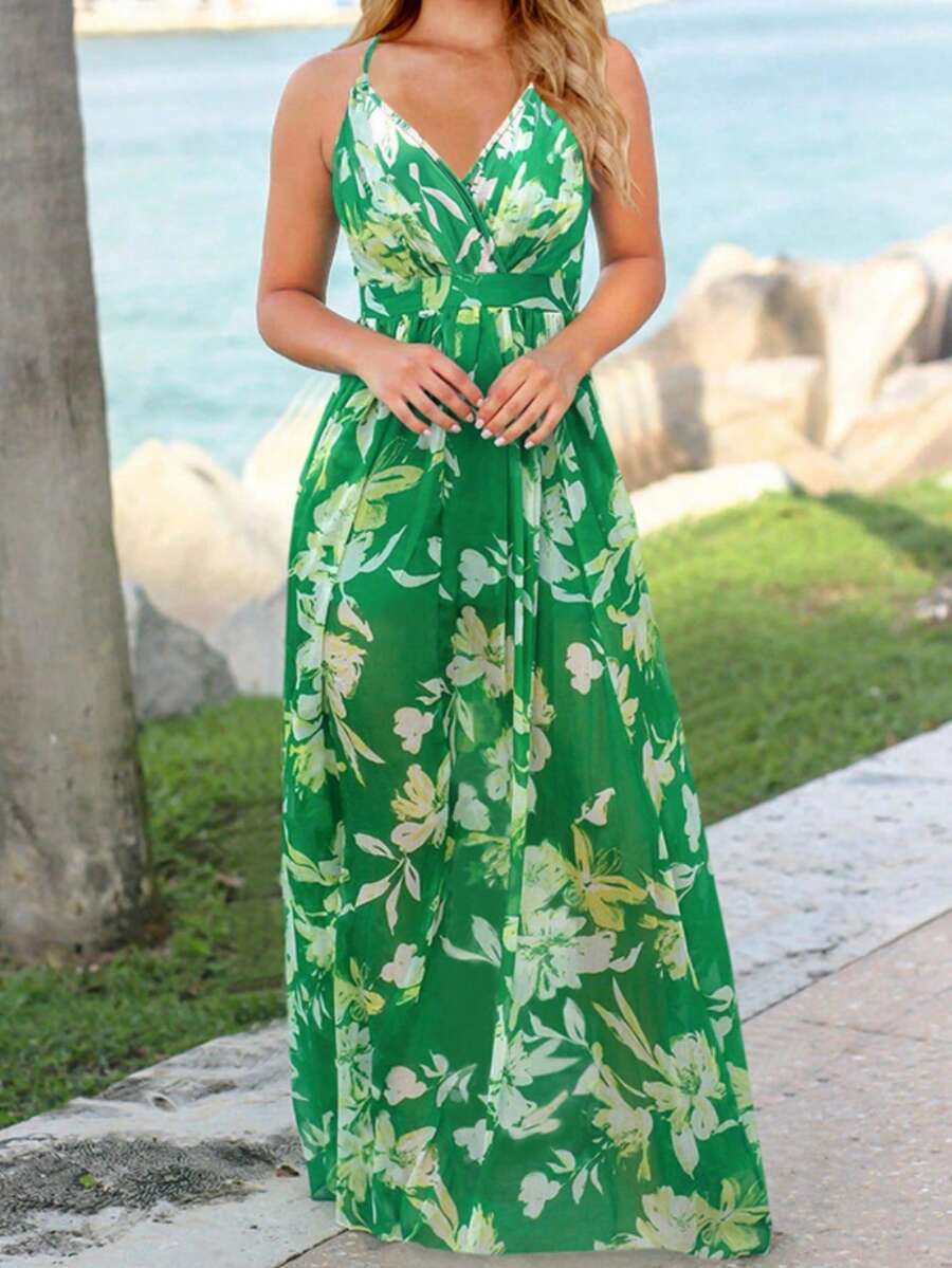 Vestidos largos de mujer elegantes de playa, con Tirantes ajustables y estampado floral y plantas tropical,vestidos frescos casuales Sexy  para dama fiesta, Faldas Mujer Largas Elegantes, vestidos de novia primavera y Verano - Verde - Ver 1