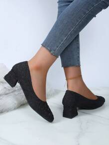 Women's Plus Size High Heels, Spring 2024 Collection, Chunky Heel Square Toe Pumps, Wide Feet Shoes For Fat Feet (Extra Wide And Large Sizes Available) - Black - View 2