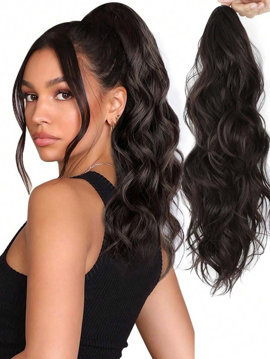 22 Inch Black & Brown Natural Wave Curly Ponytail Hair Extensions, Heat Resistant Synthetic Ponytail Wig, Suitable For Women And Girls Daily Use