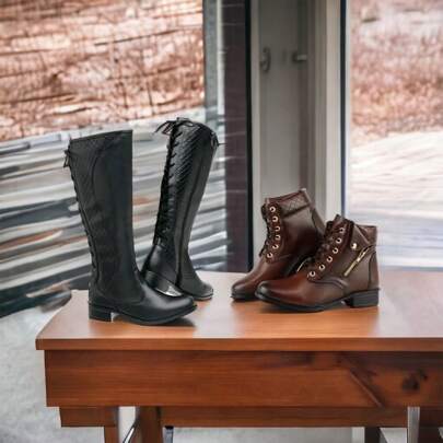 Kit 2 Pares Bota Montaria Cano Longo E Coturno Feminino Com Zipper e Fivela Conforto