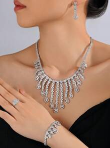 4pcs/Set Luxury Banquet Saudi Arabian Bride Wedding Necklace Bracelet Earrings Ring Copper Zirconia Stone Tassel Jewelry Set