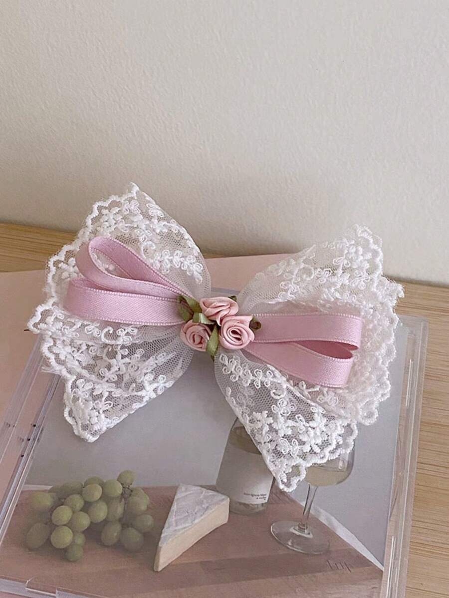 1pc Teen Ribbon Bowknot Hair Clip Lace Flower Hairpin, Back Of Head Spring Clip - Pink - View 1