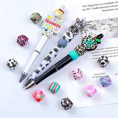 10/20/30pcs 14mm Multi-Pattern Printed Silicone Beads, Hexagonal Water Transfer Beads With Double Holes, Various Patterns For DIY Jewelry, Necklace, Bracelet, Keychain, Pen Decoration, Lanyard Accessories