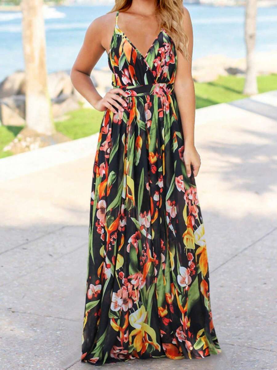 Vestidos largos de mujer elegantes de playa, con Tirantes ajustables y estampado floral y plantas tropical,vestidos frescos casuales Sexy  para dama fiesta, Faldas Mujer Largas Elegantes, vestidos de novia primavera y Verano - Negro - Ver 1