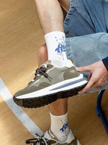 1pair/5pairs Men's White Mid-Calf Socks, Ink Splatter & Lettering Design, Anti-Odor & Moisture-Absorbing, Street Style Athletic Socks - White - View 5