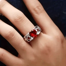 Trang sức thời trang Hàn Quốc mới về, Phụ kiện nữ, Nhẫn sáng tạo, Trang sức theo chủ đề Ngày của Mẹ, Ngày của Cha, Nhẫn trái tim hồng ngọc đỏ công chúa Châu Âu & Mỹ, Trang sức quà tặng - Bạc - Xem 5