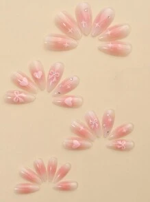 24入組夏季新款杏仁形尼龍指甲貼，附心形和可愛蝴蝶結裝飾，水晶鑽飾，適合日常佩戴。附1片指甲文件和1小包啫喱。按壓式假指甲美甲用品 - 粉色 - 查看 2