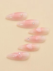 24入組夏季新款杏仁形尼龍指甲貼，附心形和可愛蝴蝶結裝飾，水晶鑽飾，適合日常佩戴。附1片指甲文件和1小包啫喱。按壓式假指甲美甲用品 - 粉色 - 查看 4