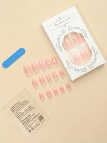 24入組夏季新款杏仁形尼龍指甲貼，附心形和可愛蝴蝶結裝飾，水晶鑽飾，適合日常佩戴。附1片指甲文件和1小包啫喱。按壓式假指甲美甲用品 - 粉色 - 查看 3