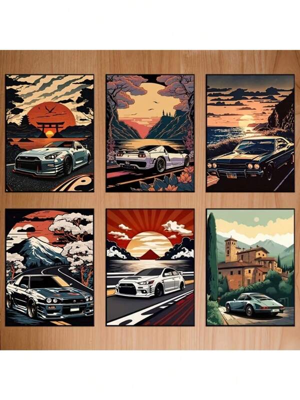 Juego de 6 pósters de lienzo de coches vintage - Arte retro para dormitorio, sala de estar y pasillo - Coches deportivos de lujo y coches de carreras geniales - Ideal para decoración de invierno y decoración de habitaciones