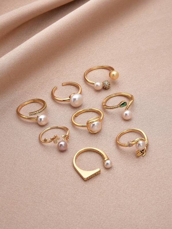 خاتم قابل للتعديل مطلي بالذهب الأصفر عيار 18 قيراط مرصع بخرز اللؤلؤ الطبيعي، مخصص للنساء