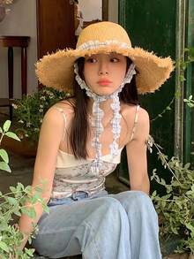 波西米亚风单件装清新简约系带草帽，女士夏季大檐沙滩遮阳度假帽 - 卡其色 - 查看 5