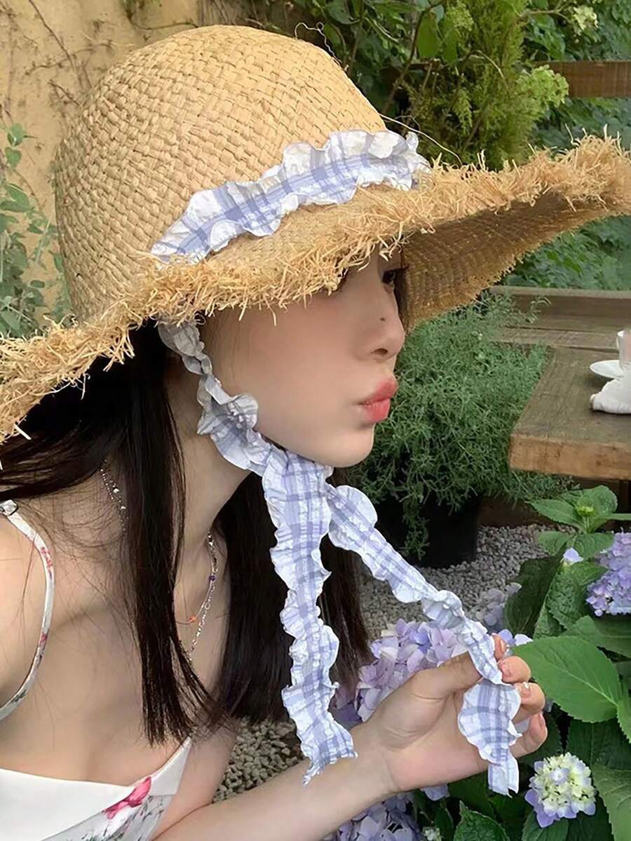 波西米亚风单件装清新简约系带草帽，女士夏季大檐沙滩遮阳度假帽 - 卡其色 - 查看 1