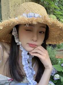 波西米亚风单件装清新简约系带草帽，女士夏季大檐沙滩遮阳度假帽 - 卡其色 - 查看 6