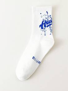 1pair/5pairs Men's White Mid-Calf Socks, Ink Splatter & Lettering Design, Anti-Odor & Moisture-Absorbing, Street Style Athletic Socks - White - View 7