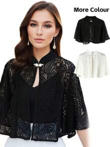 1 pieza Chal elegante de mujer con botón de perla falsa, patrón floral y calado, negro, perfecto para una cita o fiesta de noche y complementa con un vestido camiseta, Día de San Valentín