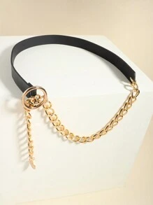 秋季新品金属链与PU皮革复合女士腰带，可搭配西装衬衫，百搭装饰腰链万圣节夏季，学校秋季，秋季，万圣节 - 黑色 - 查看 10
